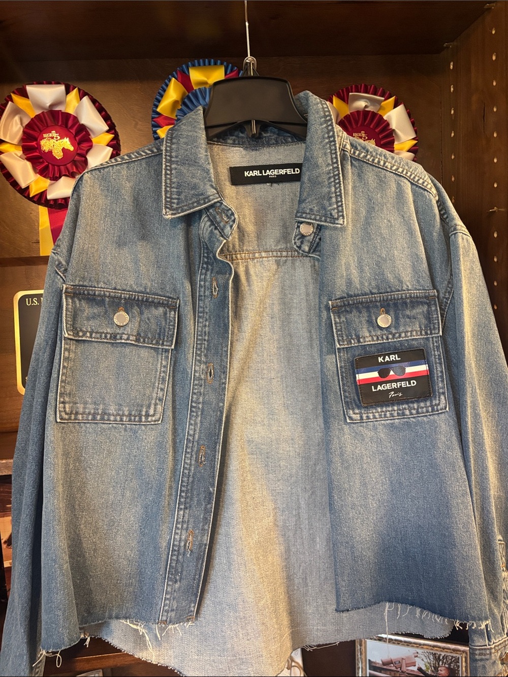 Karl Lagerfeld Light Blue Denim Shirt Jacket with Logo Patch